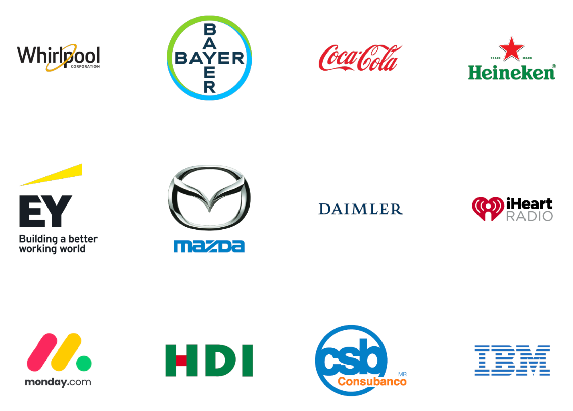 logos de Whirpool, Bayer, Coca-Cola, Heineken, EY, Mazda, Daimler, IHeart RADIO, Monday.com, HDI, Consubanco, IBM